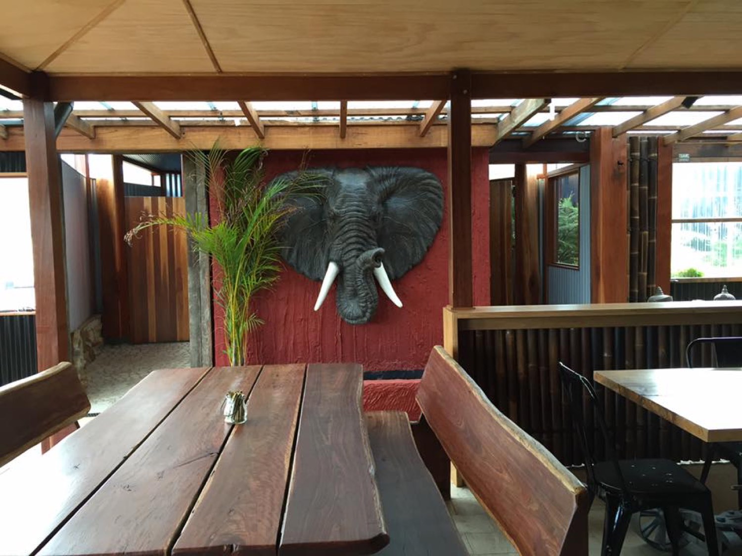The café dining room — carved elephant wall over live-edge timber tables